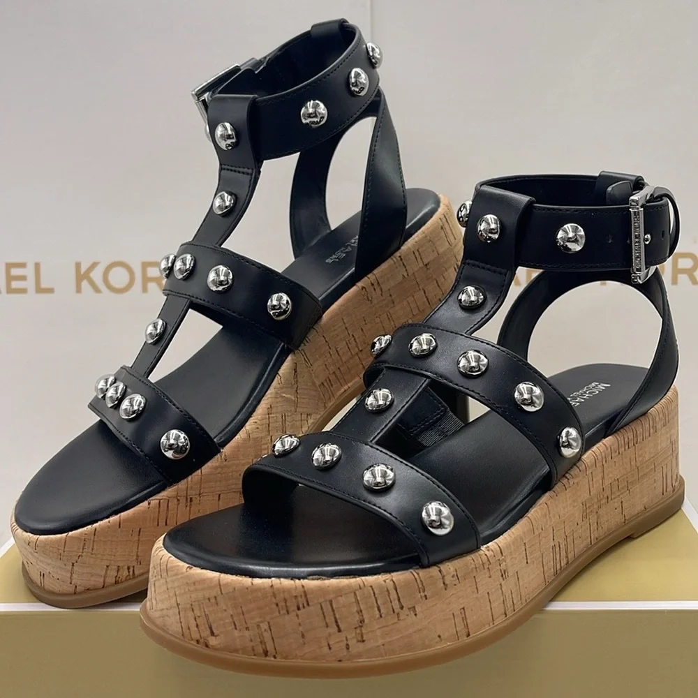 MICHAEL KORS Selah Studded Platform Gladiator Silver Studded Sandal Black  New